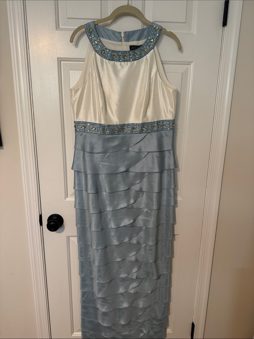 Jessica Howard Cream and Light Blue Beaded Tiered Maxi Dress